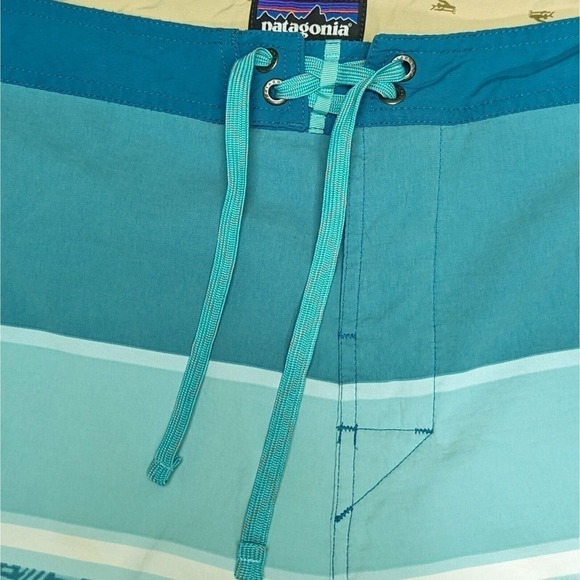 Patagonia Board Shorts 36 Blue Geo Stripe Surf Beach Hiking Drawstring Closure - Picture 9 of 11